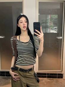 Breathable Short Sleeve T-Shirt Women 2026 New Summer Regular Shoulder Striped Design Unique Beautiful Cropped Top Casual - Apricot Black Stripes - View 2