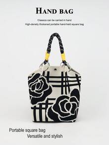 Tas tangan wanita kasual colorblock ini menampilkan desain pegangan tali anyaman hitam dan putih, sangat cocok untuk wanita pekerja, guru, dan pelajar. - Putih - View 6