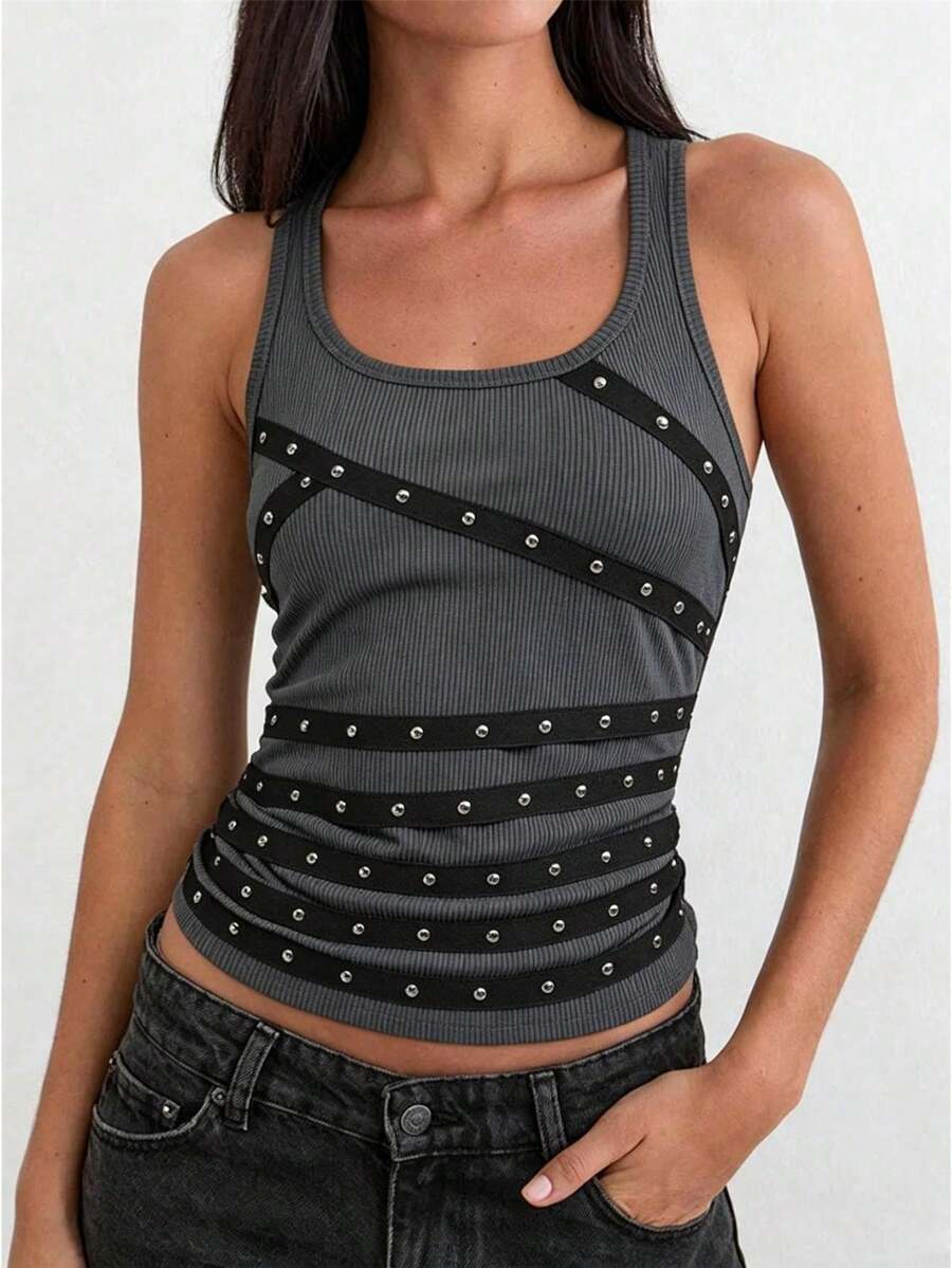 Womens Rivets Studded Halter Neck Plunge Cami Top Self-Tie Spaghetti Straps V-Neck Cut Out Front Crop Tank Top Camisole Vest Y2K Streetwear Party Tops - F208317-灰色 - 查看 1
