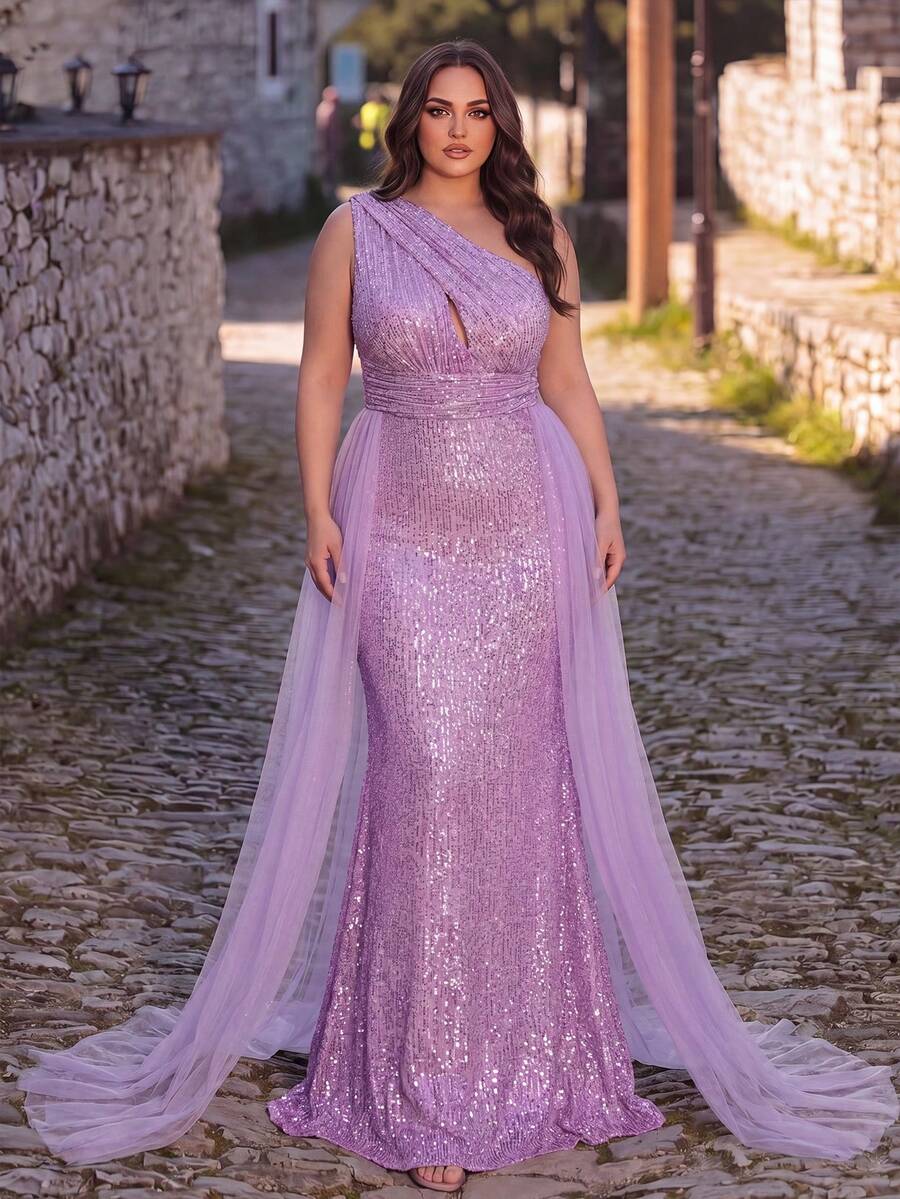 Women's Elegant Plus Size One Shoulder Gown, Slim Fit Mermaid Silhouette With Tulle Overlay, Perfect For Formal Dinners, Wedding Receptions - Mauve Purple - View 1