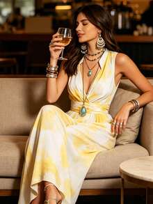 Mono para mujer con estampado tie-dye, estilo veraniego de playa y vacaciones, nuevo modelo con cintura marcada, moda europea y americana, superventas en España - Amarillo claro - Ver 2