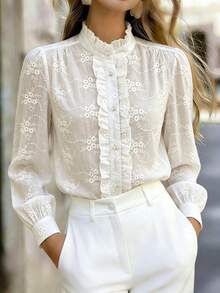 Fashion Women's Long Sleeve Embroidered Shirt, White Stand Collar With Ruffle Detail, Front Button Closure, Pure Cotton Regular Fit Shirt - White - View 7