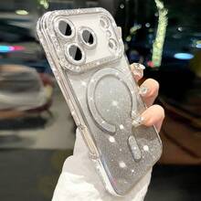 1件 Hadaasi 銀色電鍍亮片磁吸水鑽可愛閃亮鑽石相機保護支架無線充電耐摔水鑽設計附亮片紙 2合1手機殼，適用於 Apple 18pro/18promax/18/17pro/17promax/Apple Air/17/17E/16pro/16promax/16plus/16/16E/15pro/15promax/15plus/15/14pro/14promax/14plus/14/13pro/13promax/13/12pro/12promax/12/11promax/11 - 銀色+閃紙 - 查看 4