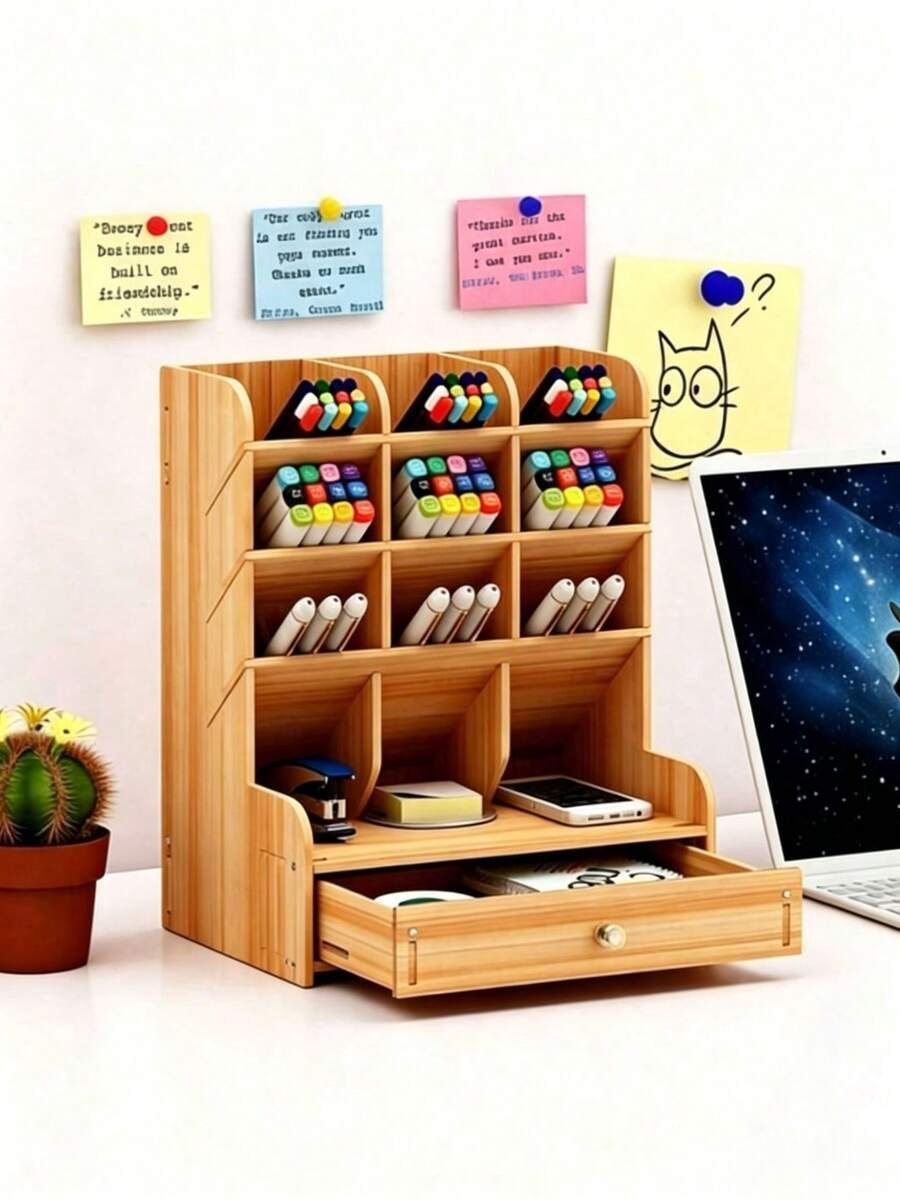 Wooden Desk Organizer, Large Capacity DIY Pen Holder Storage Box, Desktop Stationery Storage Rack For Office, Home And School Supplies - Multicolor - View 1
