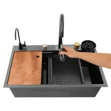 Évier de cuisine en acier inoxydable anthracite, avec accessoires complets : robinet extractible, robinet filtre, égouttoir, planche à découper et égouttoir à tasses. Convient pour la maison, le restaurant, le bar, le garage et l'appartement. Dimensions : 68 * 45 * 21 cm. - Gris anthracite - Voir 6