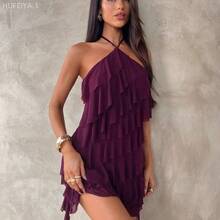 Yunuo Menswear  Nuevo vestido mini de malla con volantes asimétricos en la cintura y el bajo, estilo bohemio elegante, color púrpura, escote halter, adecuado para el Día de San Valentín y la temporada de bodas - Morado - Ver 4