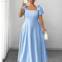xuehuamaoyi02  Vestido de línea A de longitud media con cuello cuadrado y tirantes con lazo, en color azul cielo, elegante y minimalista, para mujer de talla grande, para uso diario, fiesta, boda y dama de honor - Azul - Ver 5