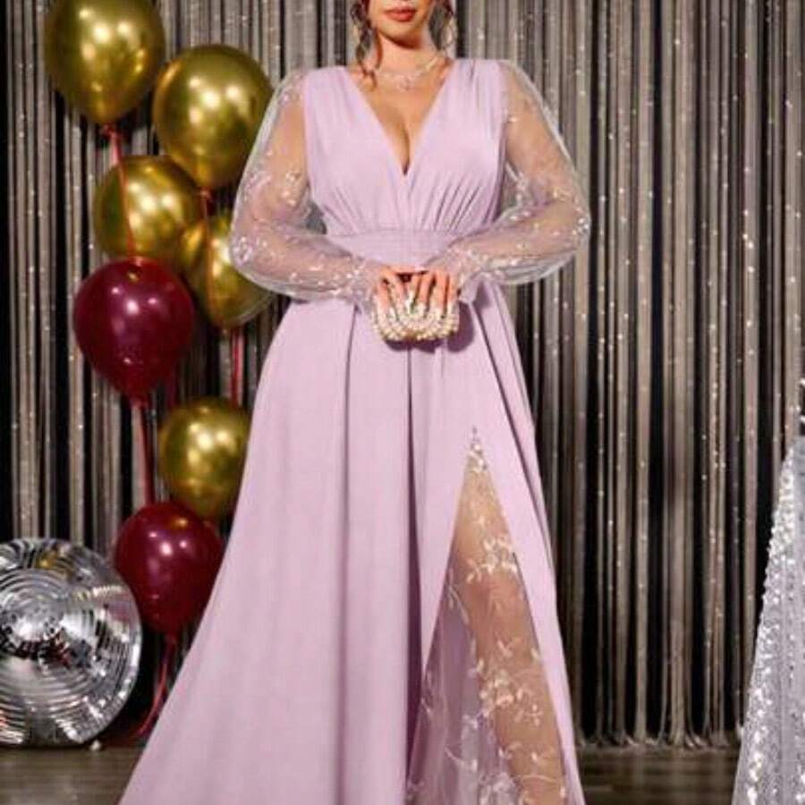 yonghongmaoyi1 Cravure Vestido largo de mujer talla grande con cuello en V profundo, parches de encaje y manga larga con abertura alta, adecuado para graduación, vacaciones, San Valentín, Navidad, festivales de música, Día de la Madre, Halloween, Acción de Gracias, Pascua, Día Nacional, bailes, citas, fiestas, bodas, viajes al aire libre, etc. - Rosa - Ver 1