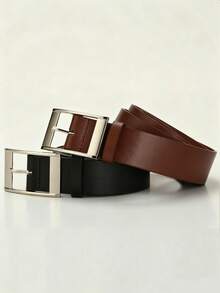 2pcs/Set Cinturón casual de hombre de cuero PU con hebilla de aguja, cinturón de cintura simple y versátil - Multicolor - Ver 3