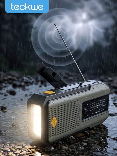 Teckwe Rádio Meteorológico da Administração Nacional Oceânica e Atmosférica de Emergência, Rádio Gerador Portátil Acionado Manualmente, Energia Solar com Bateria de Backup, Recepção AM/FM/NOAA, Função de Alarme SOS, Bateria Interna de 2000mAh, Lanterna LED de 3 Velocidades, Interface de Carregamento Tipo-C, Adequado para Emergências Internas e Externas, Caminhadas e Acampamentos