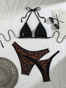 Bộ bikini buộc dây cổ họa tiết da báo gợi cảm mùa Xuân/Hè mới, kiểu dáng thanh lịch, thích hợp cho đi biển, nghỉ mát, dự tiệc. - Nhiều màu - Xem 3