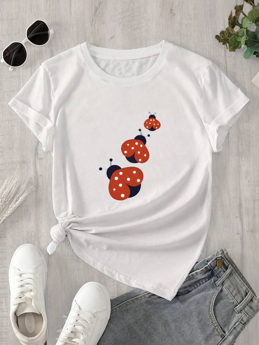 Top de mujer de manga corta y cuello redondo con un estampado de 3 pequeños insectos, ideal para todas las estaciones. - Blanco - Ver 1