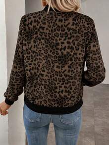 Keke Bloomly 女士轻薄长袖拉链休闲豹纹棒球夹克，时尚常规版型 - 咖啡棕 - 查看 2