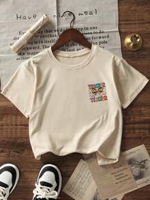 Mädchen Schulanfang lockeres Kurzarm T-Shirt, Leopardenmuster Schleife Bleistift Buch doppelseitige Grafik, lässiger Campus-Stil - Aprikosenfarben - Übersicht 4