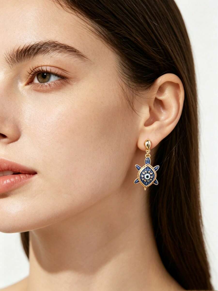 Cring Coco Boho Blue Evil Eye Turtle Charm Drop Earrings, Alloy Enamel Golden Plated Dangle Earrings, Good Luck Jewelry Gift, Suitable For Daily Wear, Gatherings, Parties, And Vacations. - Sea Turtle - View 1