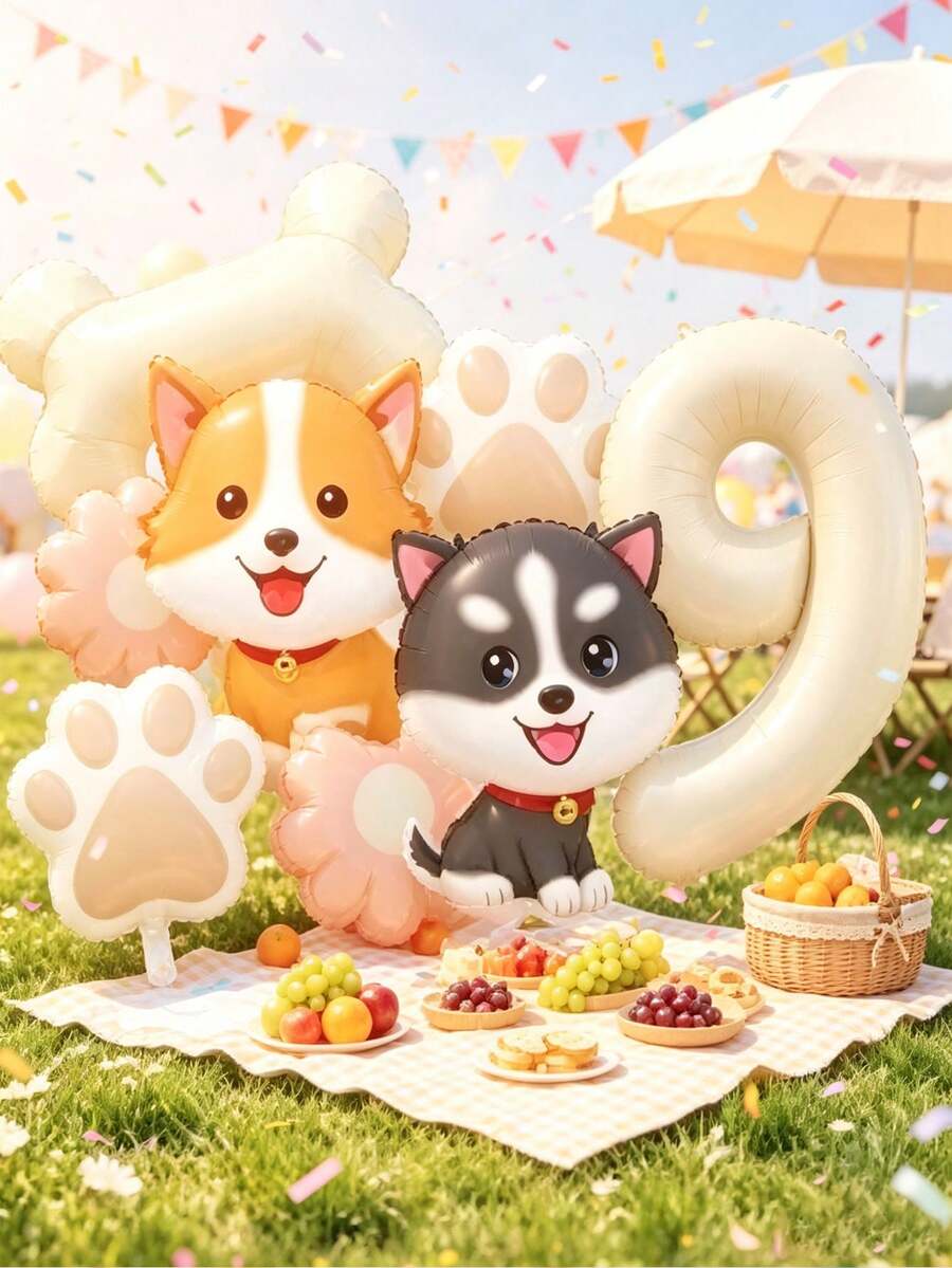 1 Set Cute Puppy Theme Balloon Decoration Set, Includes White Numeric Balloons, Dog-Shaped Balloons, Paw Print Balloons, Bone Balloons, Flower Balloons, Suitable For Children's Birthday Surprise, Dog-Themed Party, Kids' Gathering, Nursery Decor, Pet Celebration Events, Or Baby Shower - View 1