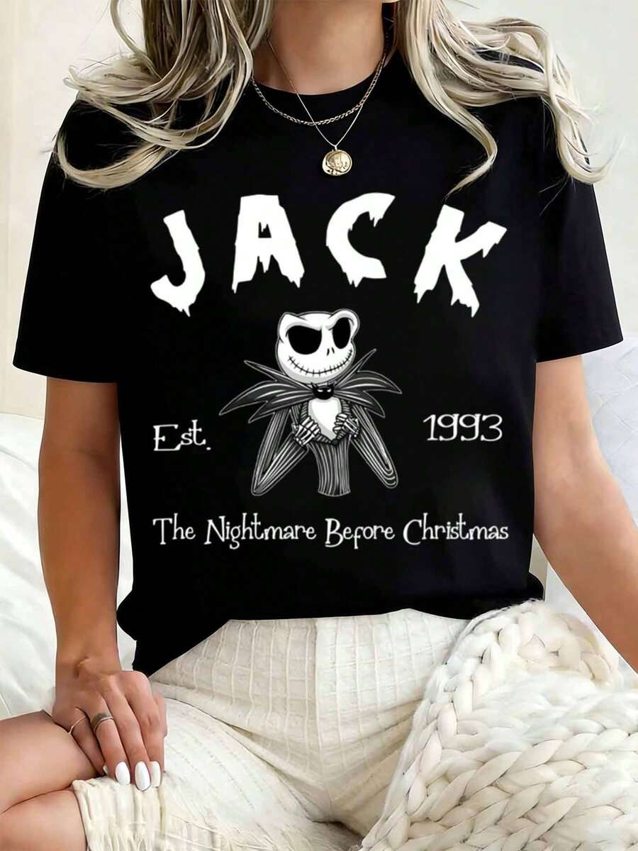 Disney Women Round Neck T Shirt Jack Skellington Nightmare Before Christmas Est 1993 Halloween Christmas 220g - 黑色 - 查看 1