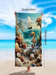 1件超細纖維海洋海灘巾，貝殼、海螺、海星印花快乾吸水柔軟海灘浴巾，戶外度假游泳防沙墊，戶外運動旅行游泳池瑜珈健身運動巾，游泳配件度假必備禮物多功能海灘巾（單面印花） - 薄荷藍 - 查看 12