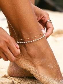 HOTNICE Ensemble de chaîne de cheville en perles rondes exquises et fausses perles pour femmes, bracelet de cheville à couches à la mode, cadeau de bijoux de plage - Style 1 - Voir 4