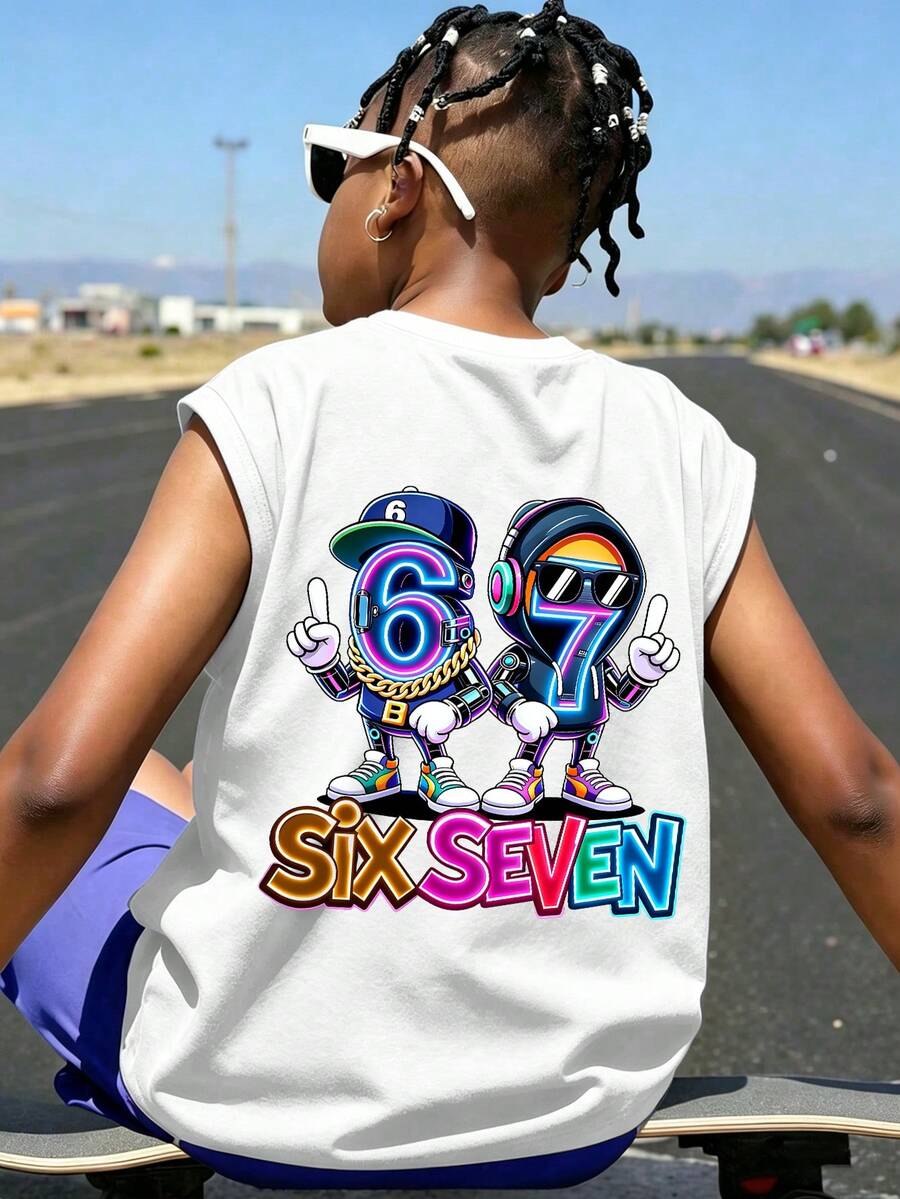 Teen Boys Cartoon 67 Design Print Sleeveless Round Neck Tank Top Playful Cool Casual Vest - White - View 1