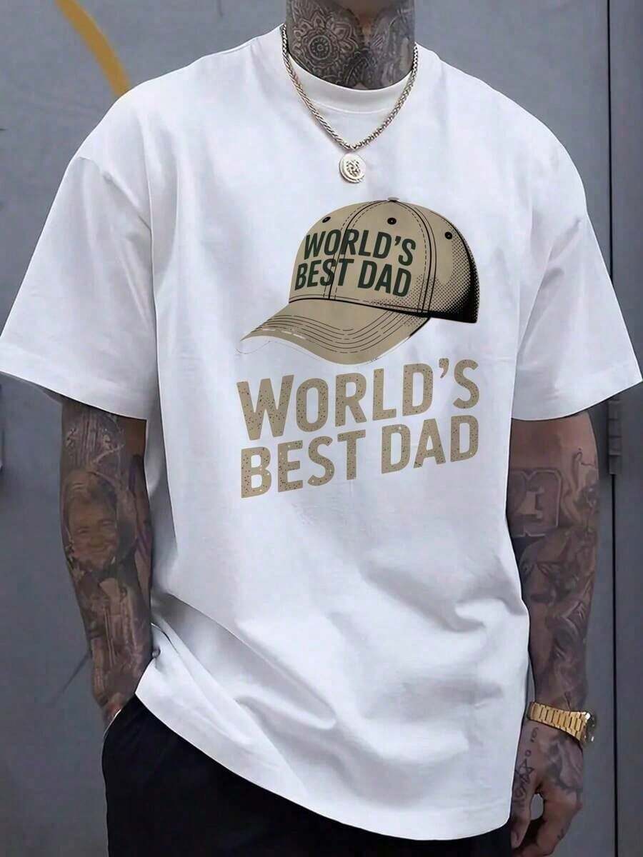 [Best Dad T-Shirt] World's Best Dad Men's Black T-Shirt | With Hat Graphic Print - Perfect Father's Day Gift. - 白色 - 查看 1