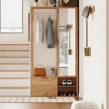 Wardrobe 100 X 33 X 190 Cm With Entryway, 6-In-1 Entryway Wardrobe, Including A Coat Rack, Hanging Rail, Mirror, And Shelf. Width: 100 Cm. Low Door. Wood Color. - Natural Color - View 4