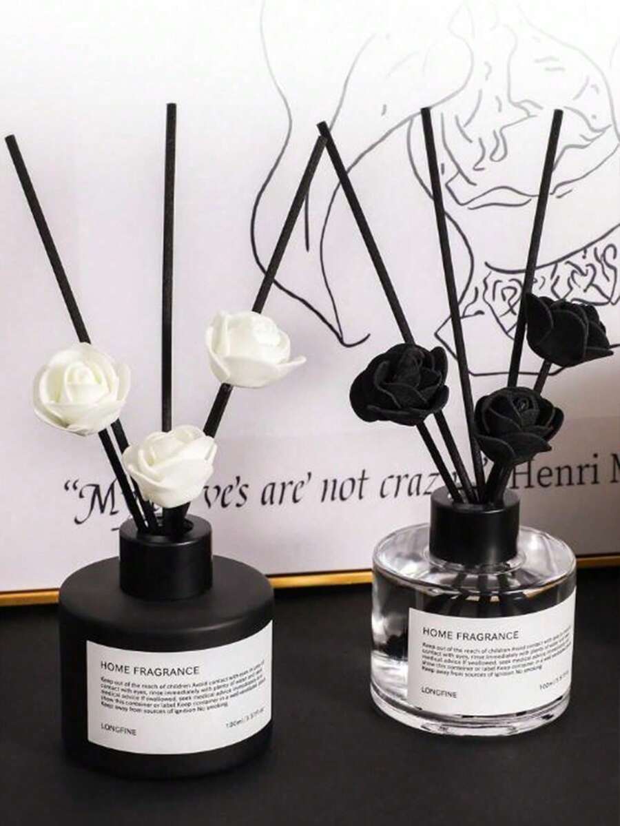 1 Set Black & White Minimalist Reed Diffuser Set (Wooden - Includes Rose Sticks And Diffuser) | 50/100ml, Bathroom/Bedroom/Room Decor, Car Accessory/Air Freshener, Teacher/Women Gift, Halloween/Back To School Decor - Fragrance-1 - View 1