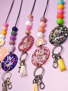 Rainbow Glitter Lanyard - Personalized Lanyard For Keys Or ID Badge - Beaded Lanyard - Teacher Lanyard With Name - Sparkly Teacher Lanyard - Multicolor - View 3