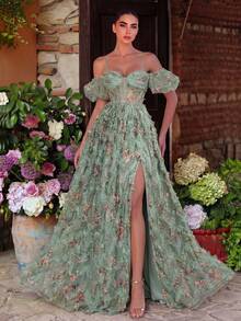 Faeriesty Elegant Women's Floral Print Dress With Mesh Spaghetti Straps, Puff Sleeves And Slit Design Vacation Wedding Party Fall - Green - View 4