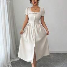 yonghongmaoyi1  Vestido de manga larga de primavera/verano con corte evasé, abertura en la falda, botones y cuello sin cuello con volantes, elegante para el trabajo - Granada - Ver 7