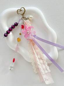 1 Piece Soft Wind Pink Flower Pendant - With Delicate Ribbons And Bead Design, A Charming Accessory For Your Bag. - Multicolor - View 4
