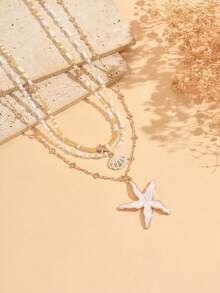 3pcs Bohemian Style Mixed Color Seed Bead Shell Pendant Necklace With Starfish Pendant Gold Chain Necklace Women's Elegant Layered Neck Jewelry Set Suitable For Beach Vacation Daily Wear Date Versatile Necklace - Multicolor - View 3