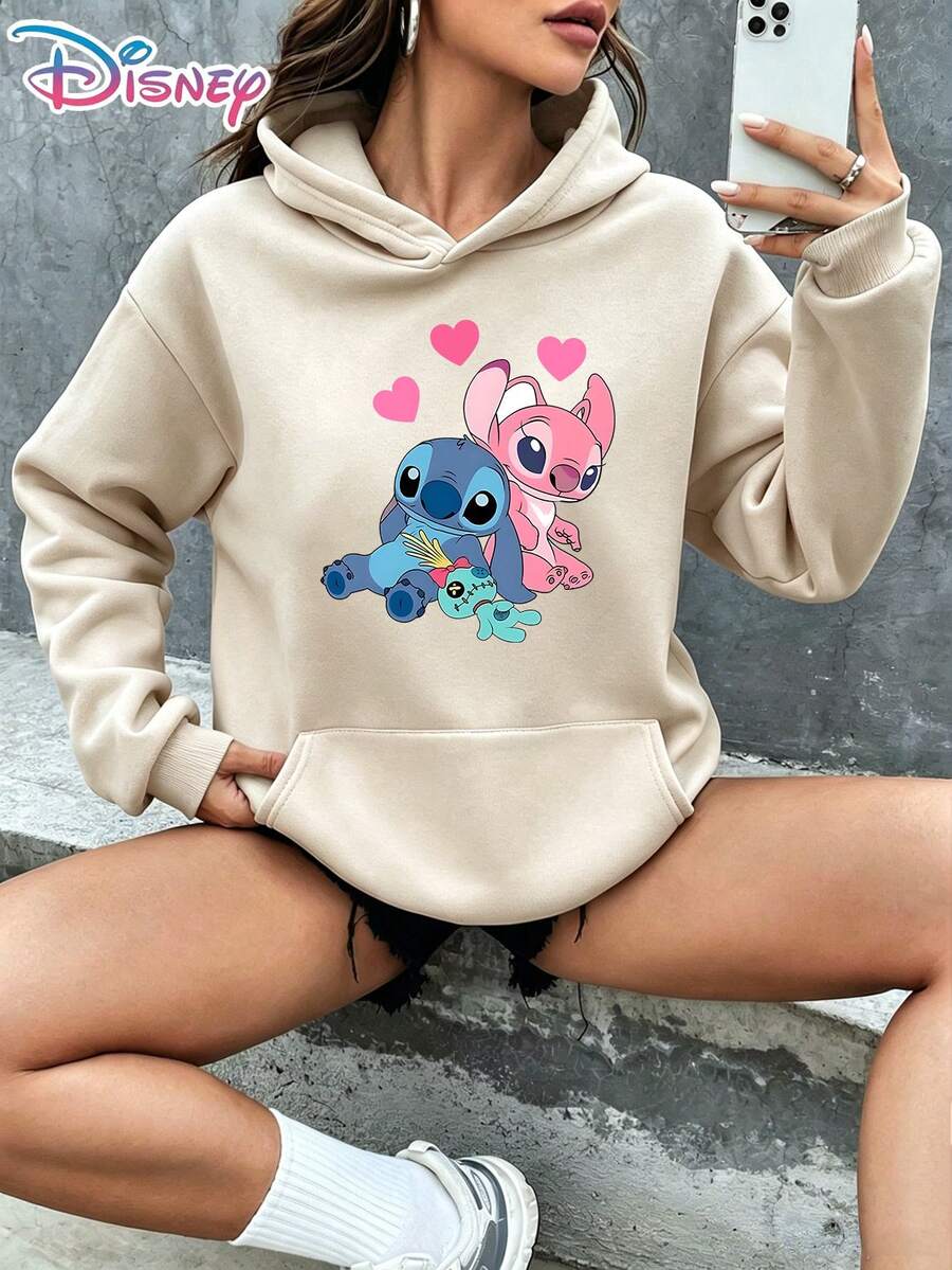 Disney Lilo & Stitch Stitch Angel Scrump Family Trio Love Hearts Cute Cartoon Graphic Pullover Hoodie Women's Casual Daily Wear Long Sleeve Soft Comfortable Loungewear Couple Matching Outfit Gift For Animation Fans It Is A Gift For Fans And Friends, And It Is Also A Perfect Gift Choice For Lovers, Relatives And Friends. - Apricot - View 1