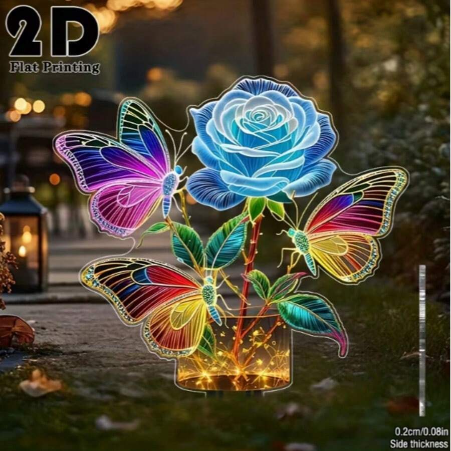 Estaca de suelo de acrílico plana 2D con mariposa y rosa colorida, resistente al agua y a los arañazos, decoración de Año Nuevo y Navidad para césped y macizos de flores