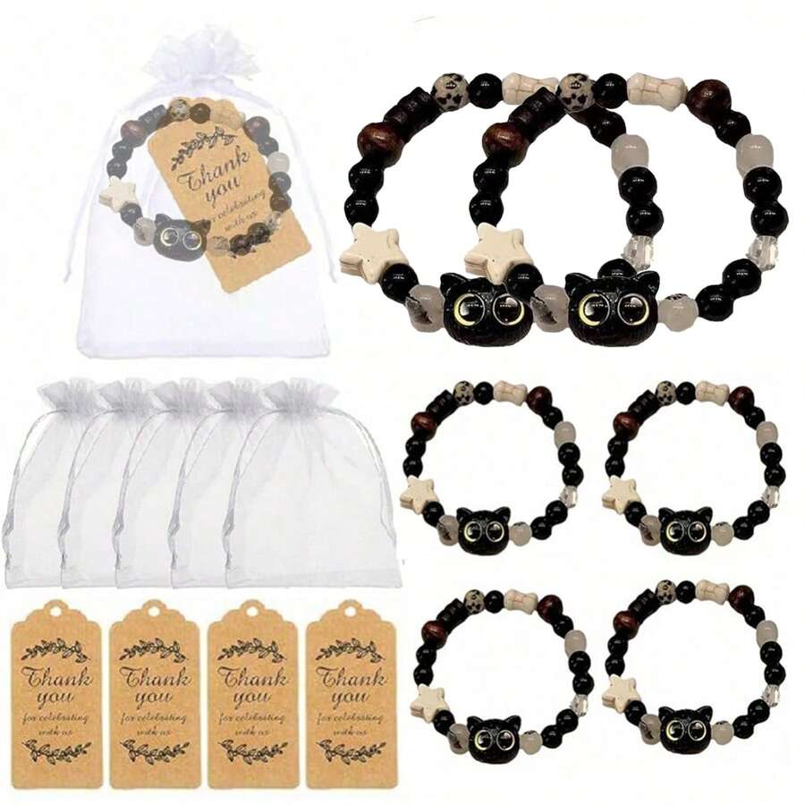 3/30/60/90 Piezas Pulseras de Cuentas Hechas a Mano para Hombres y Mujeres, Pulseras de Obsidiana de Cristal, Pulseras de Pareja Estilo Oriental, 30 Piezas Incluyendo 10 Pulseras de Obsidiana de Cristal, 10 Bolsas de Gasa y 10 Tarjetas de Agradecimiento Adecuadas para Fiestas de Bautizo, Reuniones - Ver 1