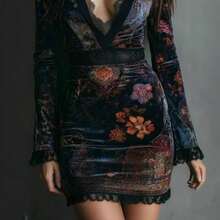 Gothic Boho Velvet Floral Deep V Lace Trim Long Sleeve Bodycon Mini Dress, Vintage Aesthetic Party Cocktail Evening Dress - Azul oscuro - Ver 6