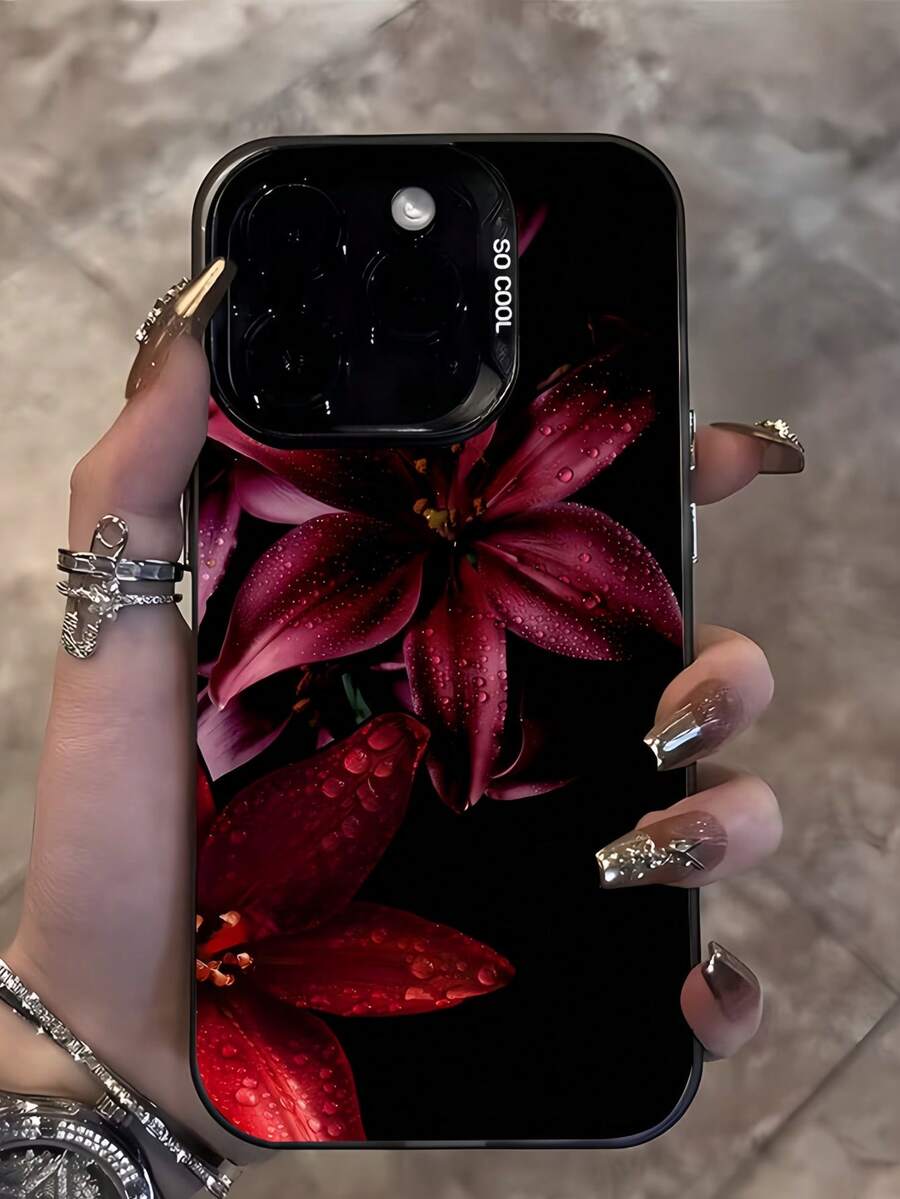 1pc Black Matte IMD Personalized Cold Tone Red Wet Flower Pattern Phone Case, Compatible With IPhone 16 Pro Max/17/16/15/14 Plus/13/12/11/Air And Series - Multicolor - View 1