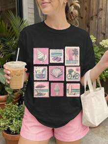 Motivos de sellos de estilo retro con conos de helado en forma de concha y tablas de surf. - Negro - Ver 6