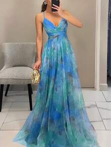 Lightweight Printed Tulle Strappy Dress For Spring And Summer - 孔雀綠 - 查看 3