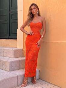 Elegant Strapless Waist Hollow-Out Double-Layer Lace Party Maxi Dress - Orange - View 1