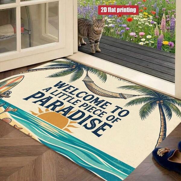 Commercial Mat Matting Non-Slip Indoor Outdoor Entrance Door Mat Machine Washable Welcome Carpet Foot Mat Tropical Beach Paradise Door Mat Thick Plush MaterialThickness Palm Tree Hammock Sunset Surfboard Shell Starfish Pattern Sui Multifunctional Do