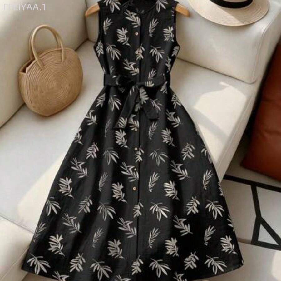 MewMuse. Vestido casual de mujer sin mangas con estampado de plantas y diseño de una sola hilera de botones - Negro - Ver 1