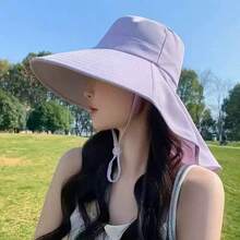 女款護頸披肩水桶帽，馬尾孔遮陽帽，寬簷披肩水桶帽，適合戶外日常使用 - 彩色 - View 7