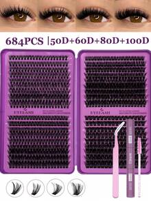 Set Kotak Hadiah Bulu Mata Palsu D Curl 2560pcs/640pcs, Kit Ekstensi Bulu Mata DIY, Lembut & Nyaman, Termasuk Lem, Perekat, Penghapus, Pinset, Bulu Mata Cluster Alami Ringan Gaya Silang untuk Penggunaan Pribadi - Purple - View 12