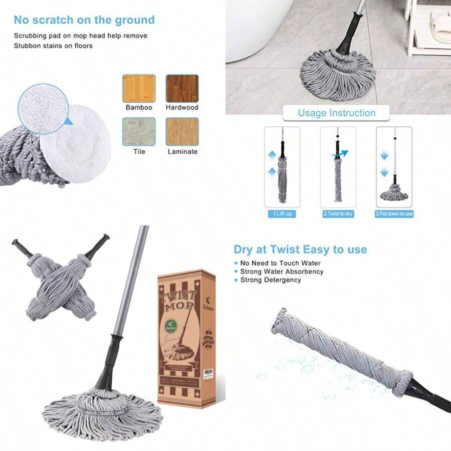 Eyliden Mop con 2 Cabezales Reutilizables fregona giratoria fácil de escurrir con Mango de 57 Pulgadas de Largo fregonas húmedas para Limpieza de Pisos Madera Dura Vinilo Azulejos y más Gris - Gris - Ver 1