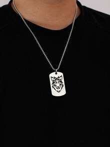 1pc Dainty Wolf Engraved Dog Tag Necklace, Stainless Steel Punk Style Jewelry For Gentlemen - Silver - View 2