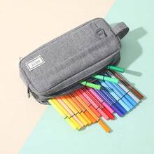 1 pièce Sac de papeterie à main de couleur unie, trousse à crayons en tissu Oxford à double couche, pochette de papeterie portable avec double fermeture éclair, sac à crayons grande capacité pour les élèves du primaire, du collège, du lycée et de l'université, fournitures de rentrée scolaire - Multicolore - Voir 6