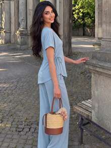 Women's Light Blue Short Sleeve Asymmetric Neckline Top And Pants 2 Pieces Set, Casual And Versatile Ideal Choice For All-Season Outings Summer - Blue - View 5