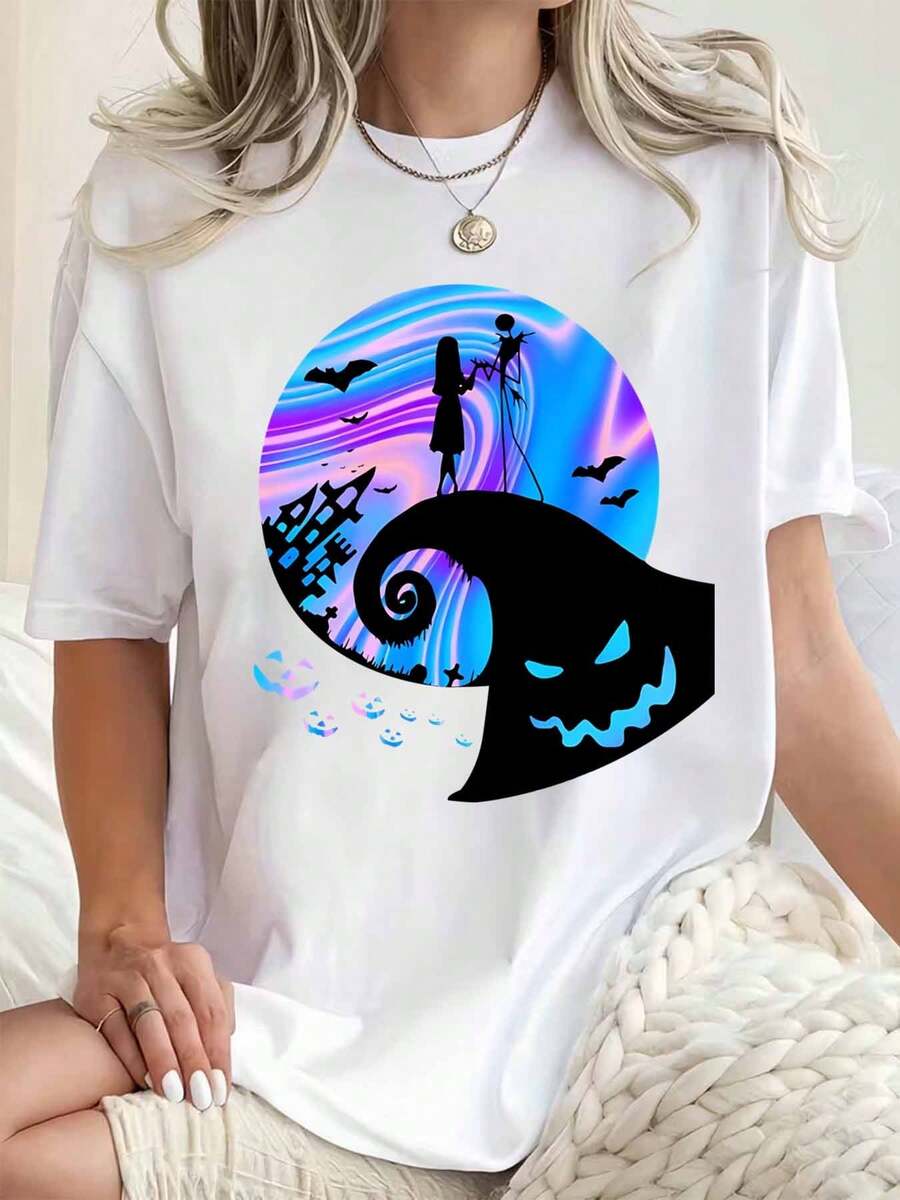 Disney Women Round Neck T Shirt Nightmare Before Christmas Jack Skellington And Sally Silhouette Print Halloween Party Costume 220g - 白色 - 查看 1
