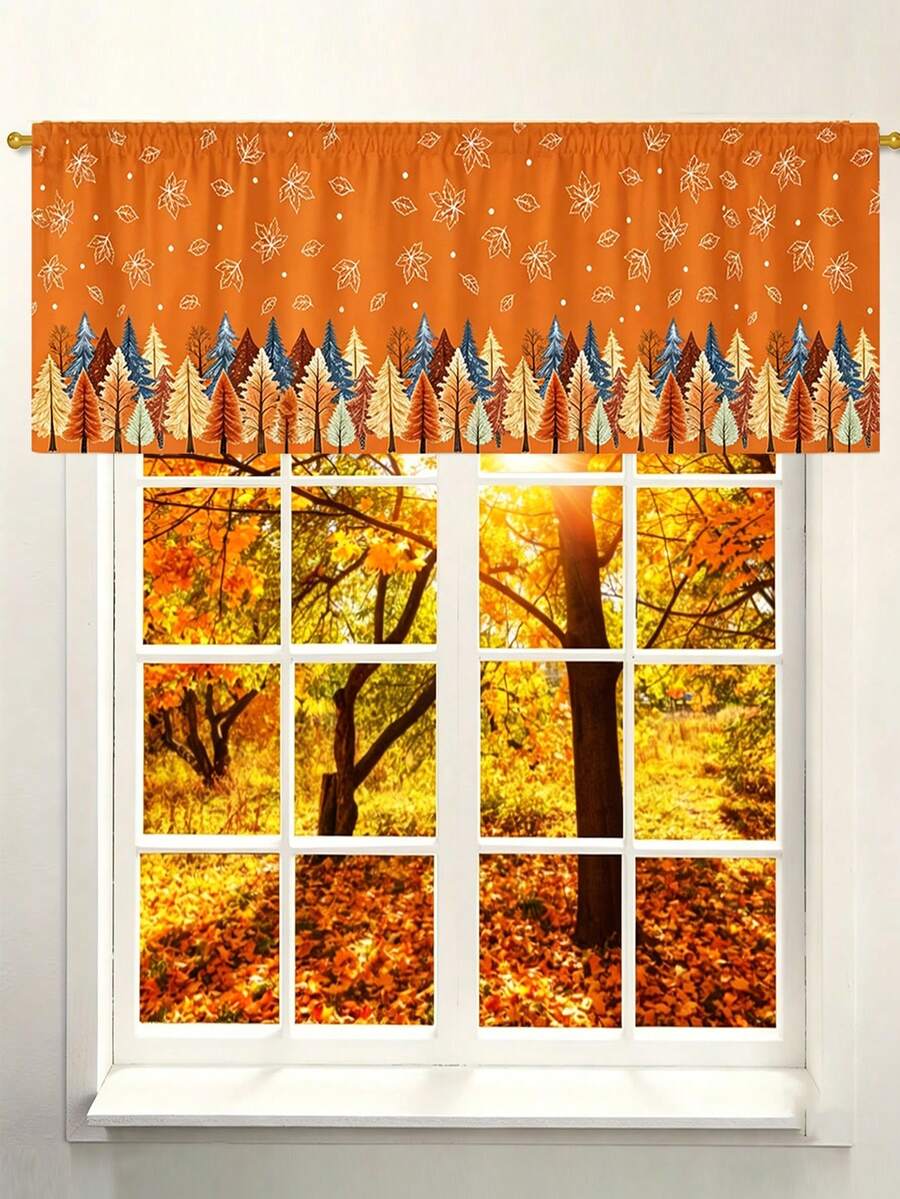 1Pc 45x140cm Autumn Maple Leaf Theme Window Curtain, Rod Pocket Design, Lightweight, Polyester Material, Suitable For All Seasons, Thanksgiving Home Decor, Autumn Harvest Theme Decor, Applicable To Kitchen, Bedroom, Coffee Shop, Office. - Multicolor - View 1